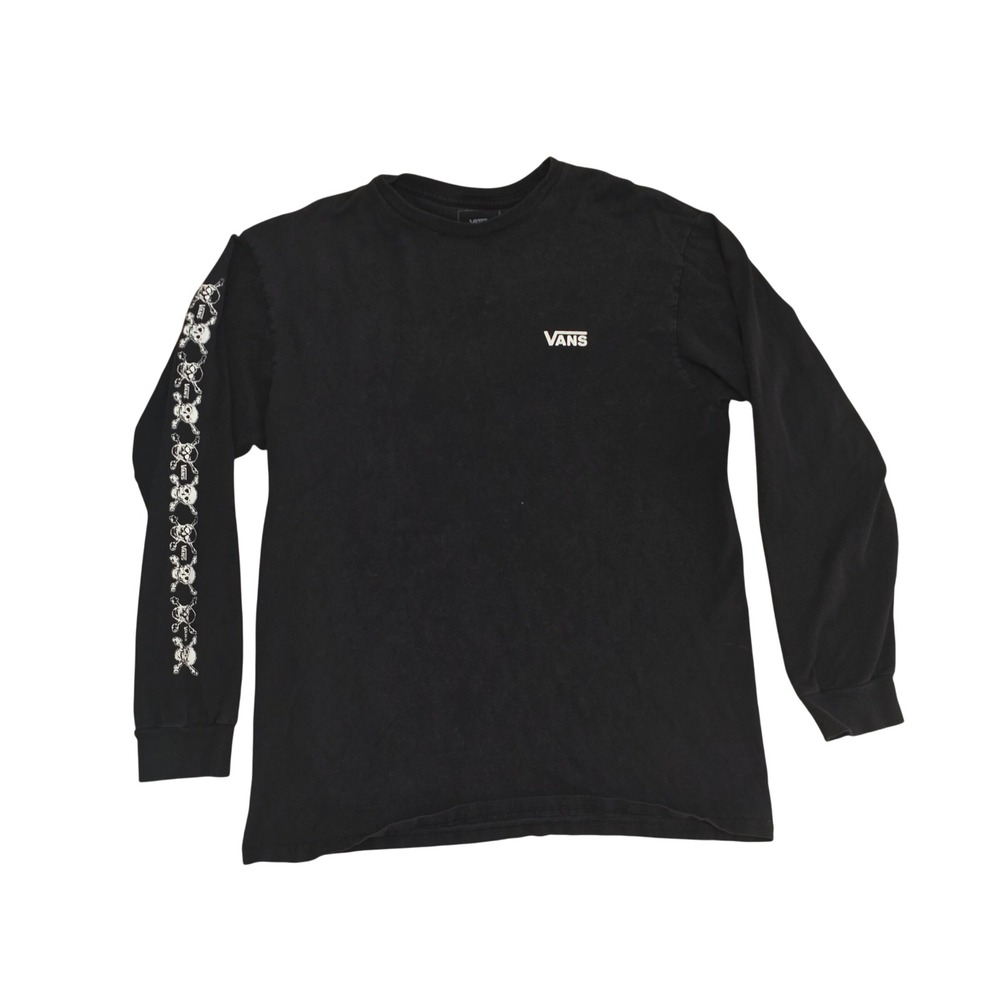 Faded Vans Men Black Long Sleeve T-Shirt Skull Graphic Sleeve Classic Fit Medium